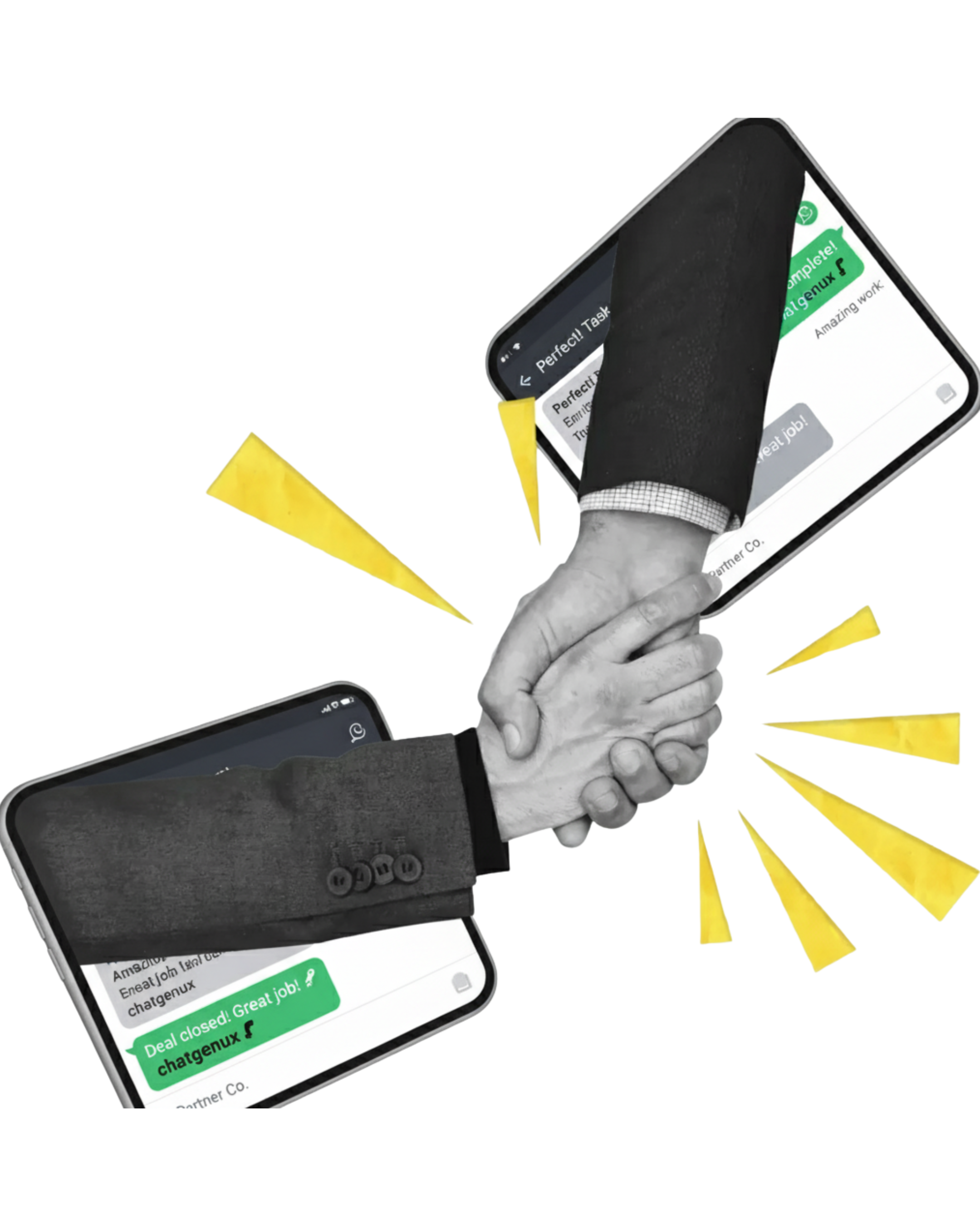 Partnership illustration of two hands shaking out of laptops